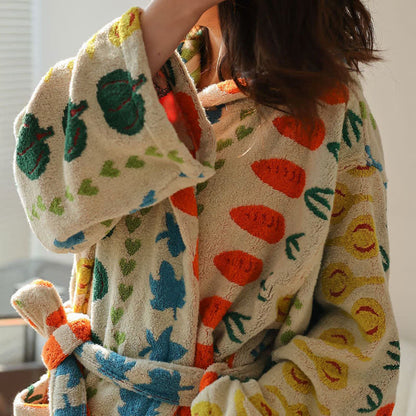 Peignoir en coton avec capuche et motif végétal coloré