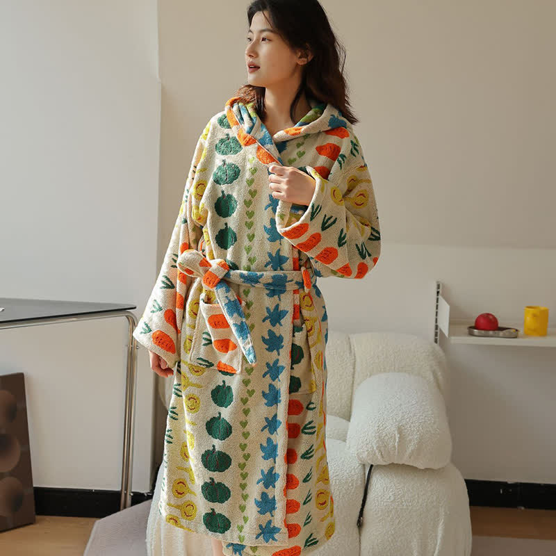Peignoir en coton avec capuche et motif végétal coloré