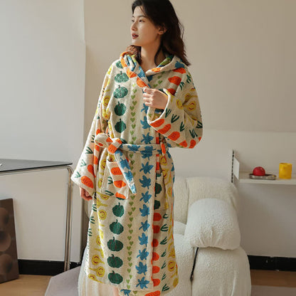 Peignoir en coton avec capuche et motif végétal coloré