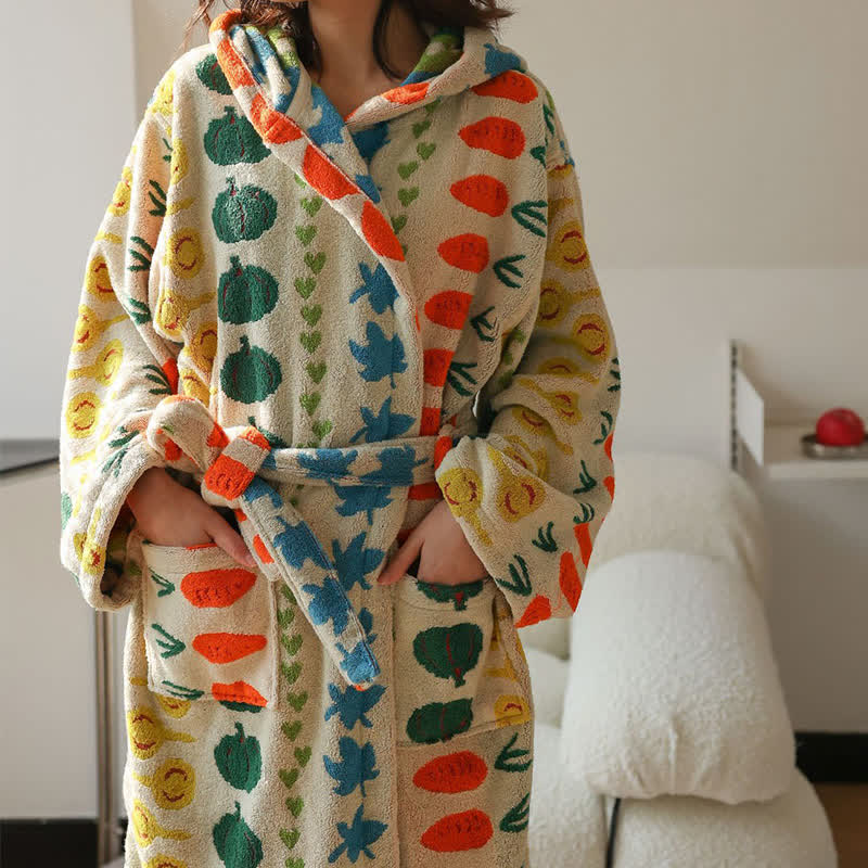 Peignoir en coton avec capuche et motif végétal coloré