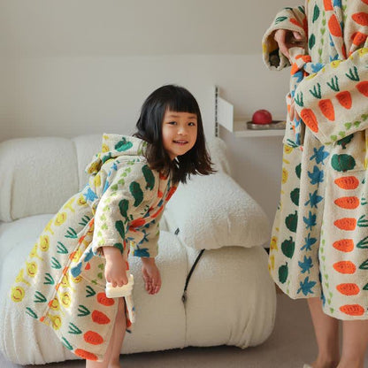 Peignoir en coton avec capuche et motif végétal coloré