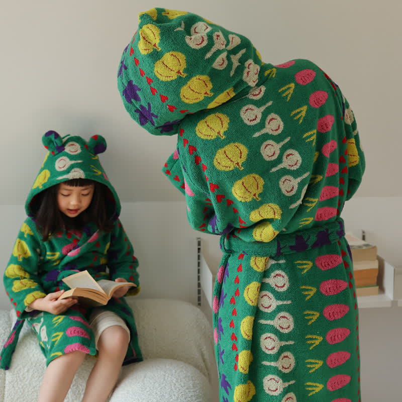 Peignoir en coton avec capuche et motif végétal coloré