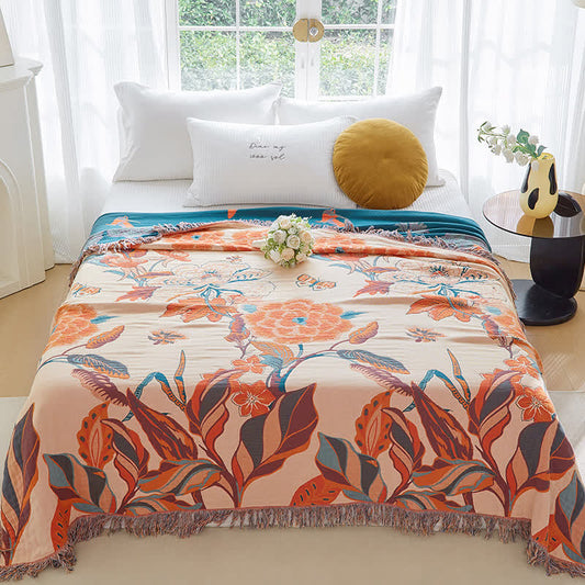 Couette en gaze de coton avec motif floral et feuilles et pompons