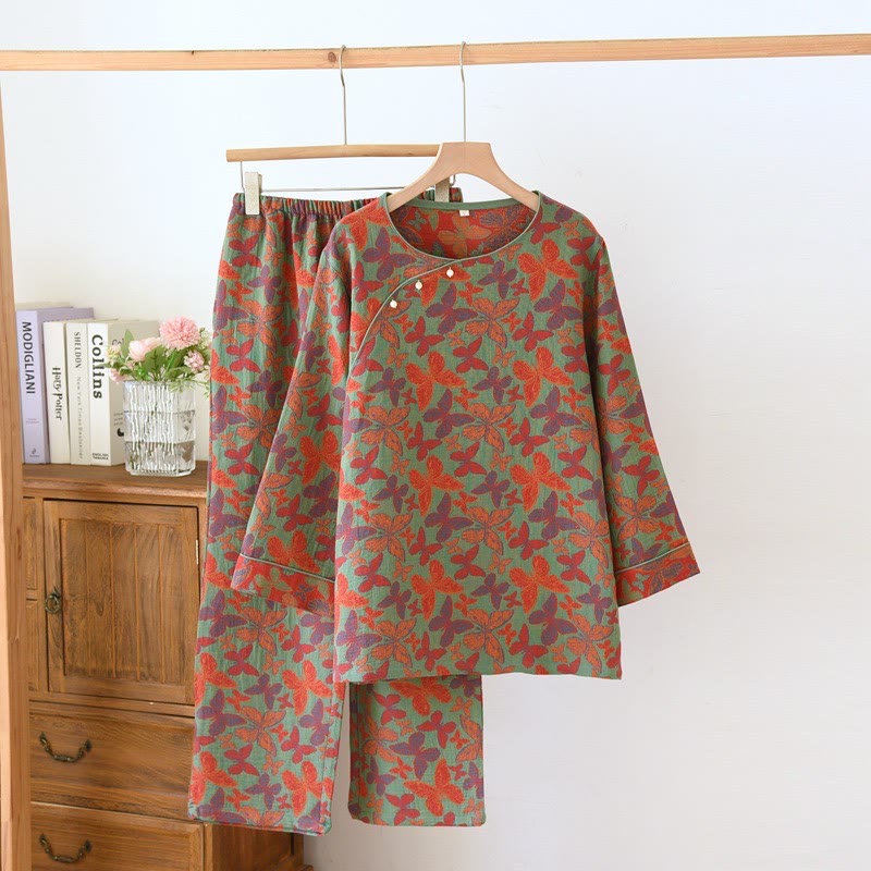 Ensemble pyjama en gaze de coton avec papillon jacquard