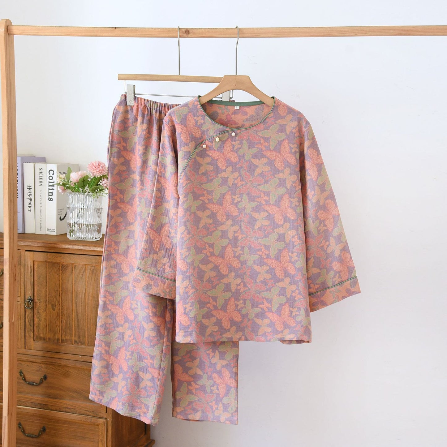 Ensemble pyjama en gaze de coton avec papillon jacquard