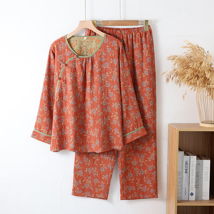Ensemble pyjama en gaze de coton à motif floral et fermeture grenouille