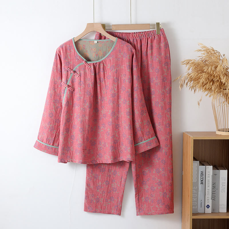 Ensemble pyjama en gaze de coton à motif floral et fermeture grenouille