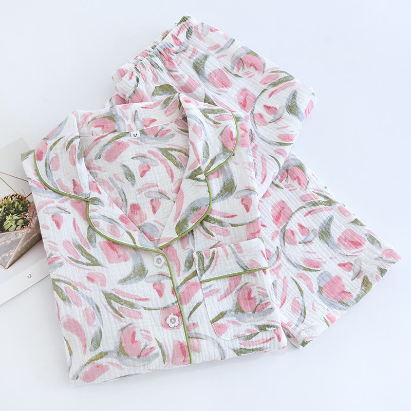 Ensemble pyjama en gaze de coton à motif floral et motif tulipe