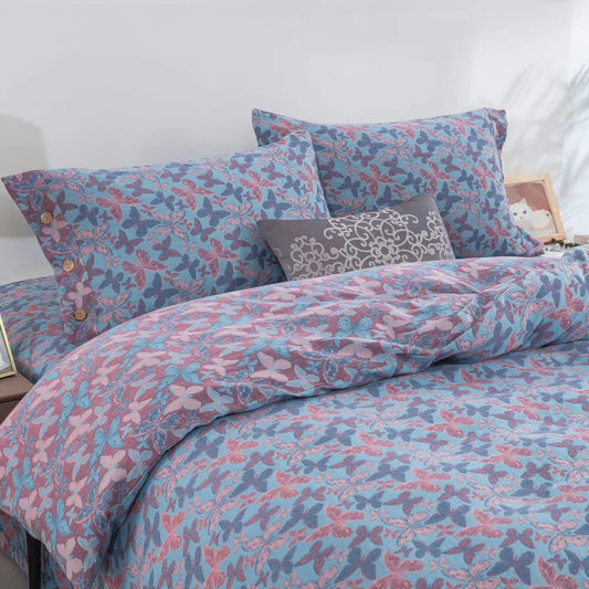 Parure de lit élégante en gaze de coton motif papillon (4 pièces)