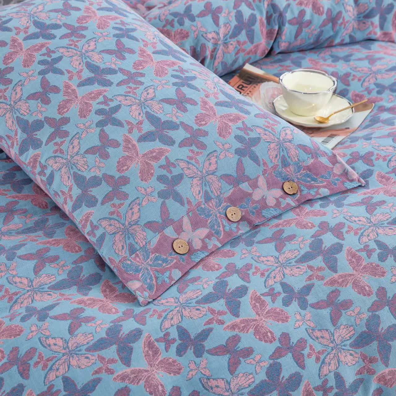 Parure de lit élégante en gaze de coton motif papillon (4 pièces)