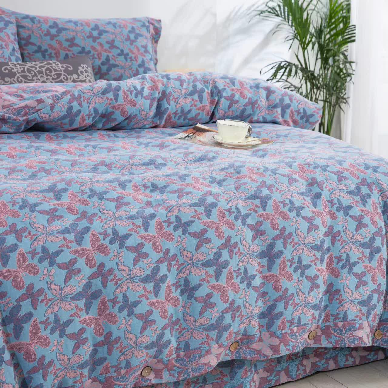 Parure de lit élégante en gaze de coton motif papillon (4 pièces)