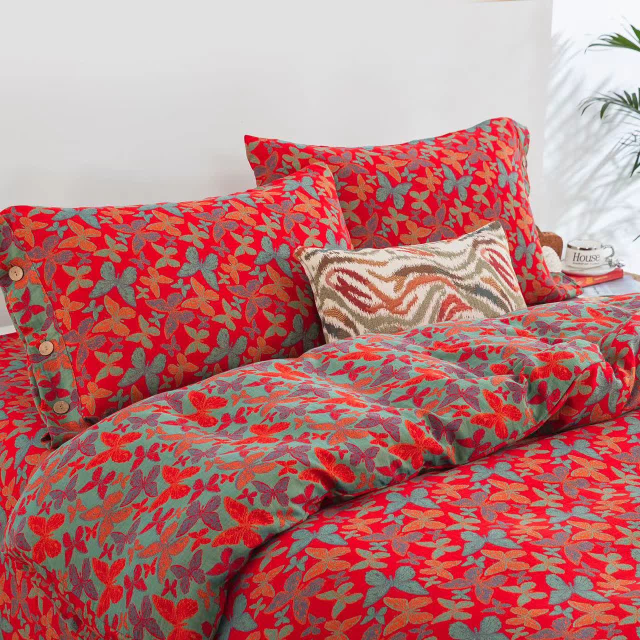 Parure de lit élégante en gaze de coton motif papillon (4 pièces)