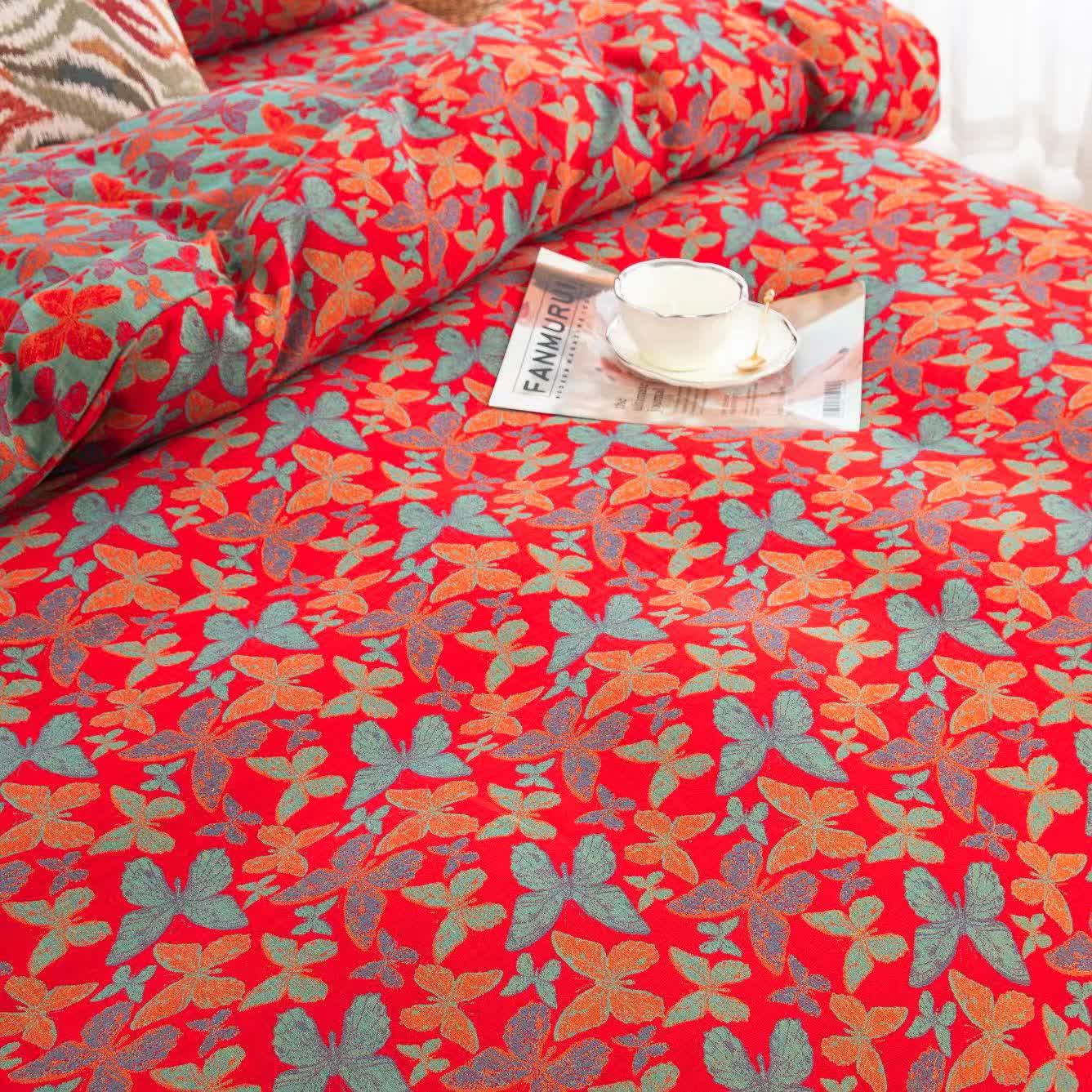 Parure de lit élégante en gaze de coton motif papillon (4 pièces)