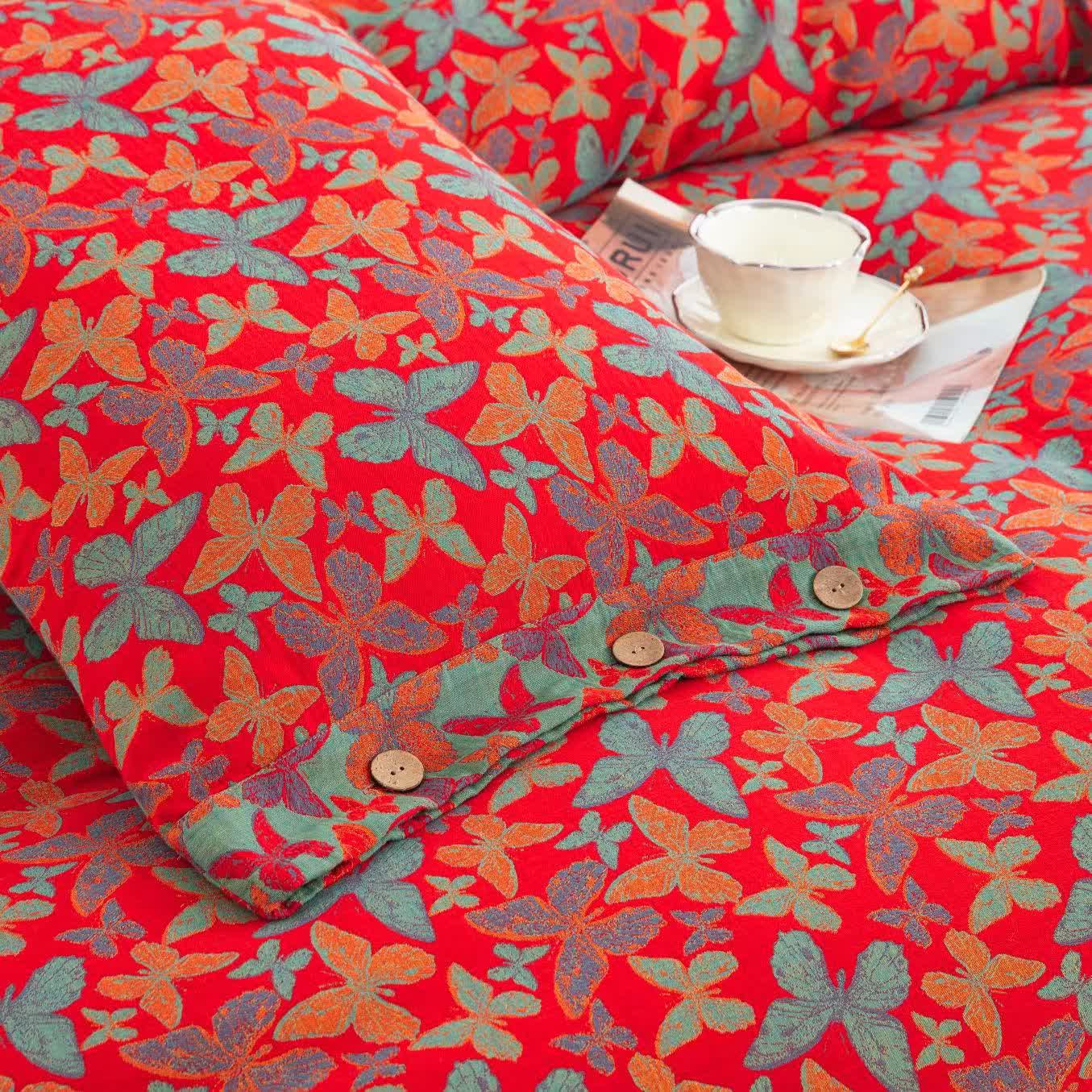 Parure de lit élégante en gaze de coton motif papillon (4 pièces)