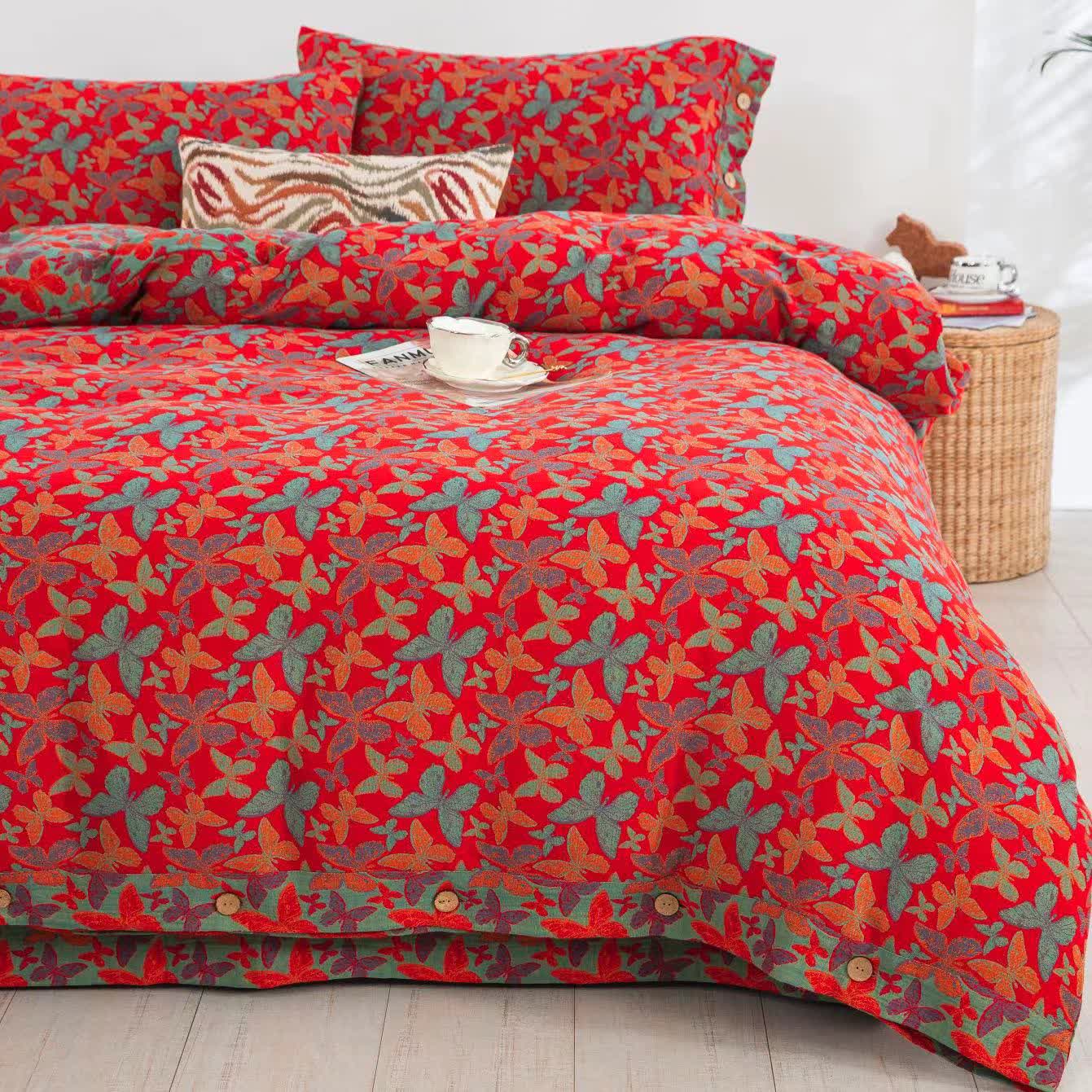 Parure de lit élégante en gaze de coton motif papillon (4 pièces)