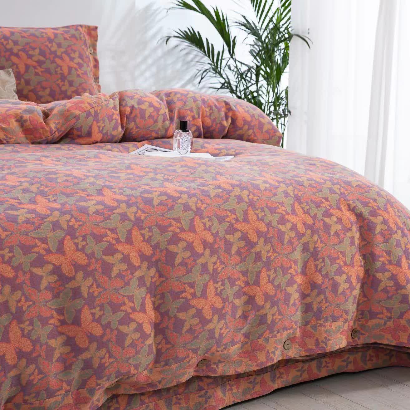 Parure de lit élégante en gaze de coton motif papillon (4 pièces)