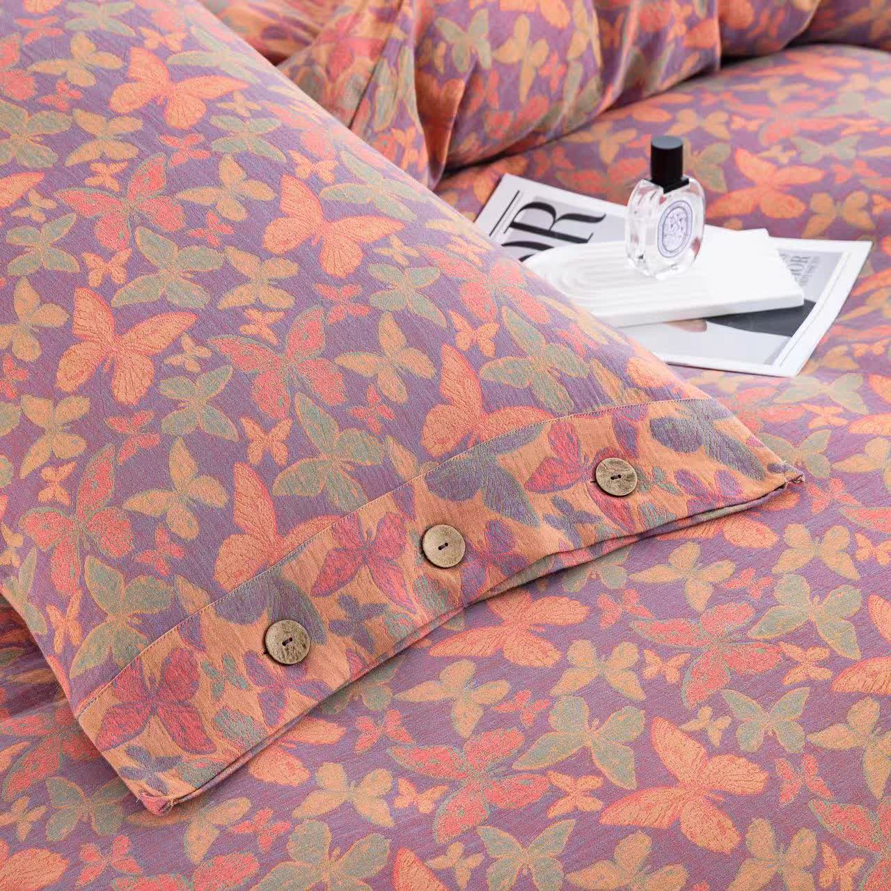 Parure de lit élégante en gaze de coton motif papillon (4 pièces)
