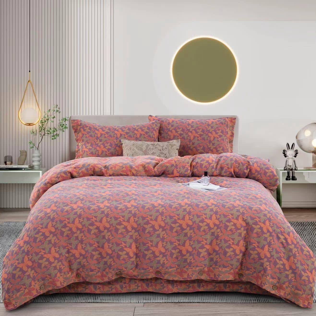 Parure de lit élégante en gaze de coton motif papillon (4 pièces)