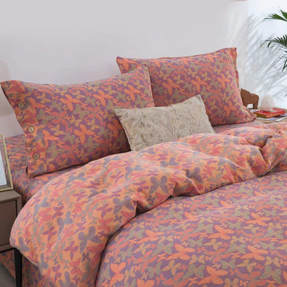 Parure de lit élégante en gaze de coton motif papillon (4 pièces)