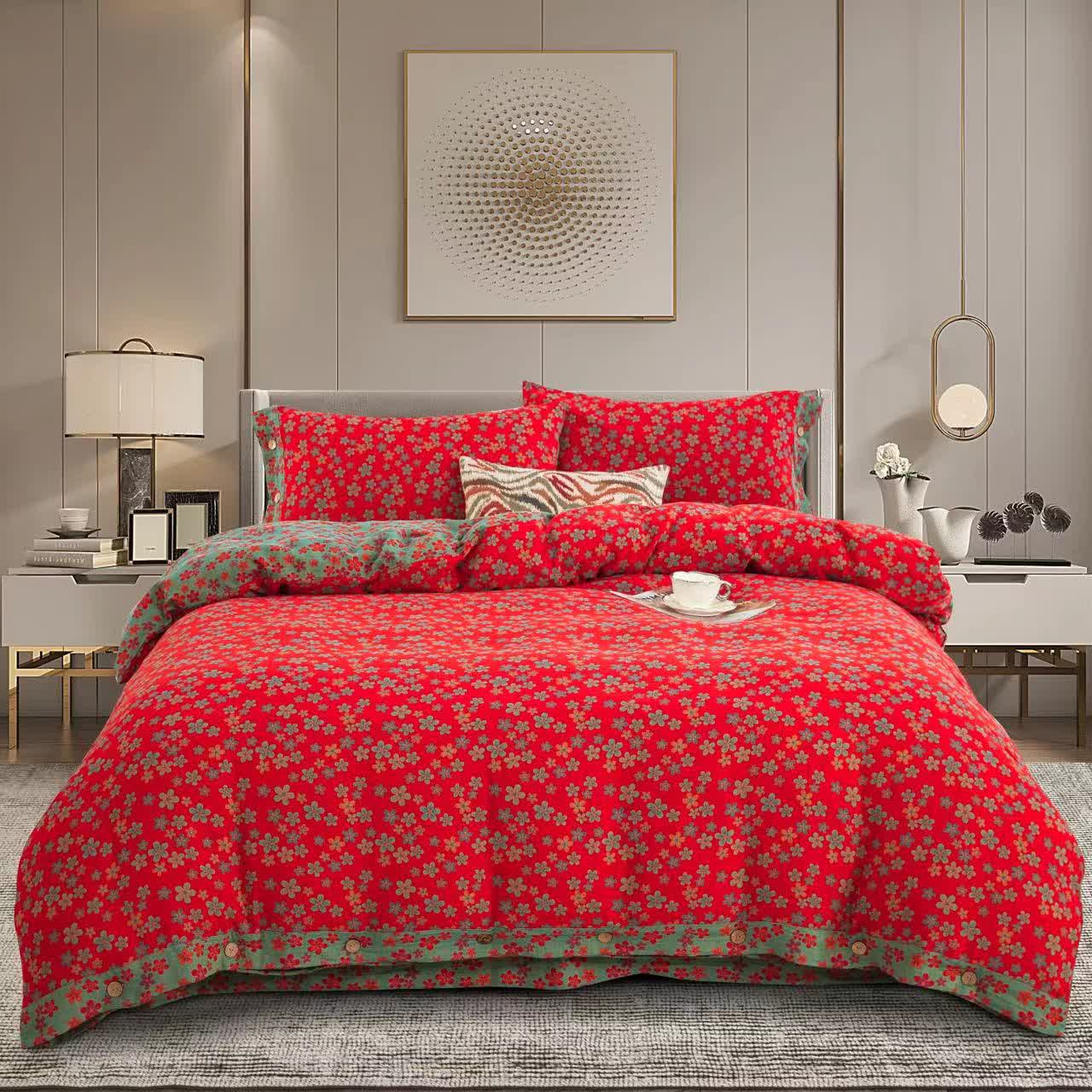 Parure de lit en gaze de coton avec boutons fleuris (4 pièces)