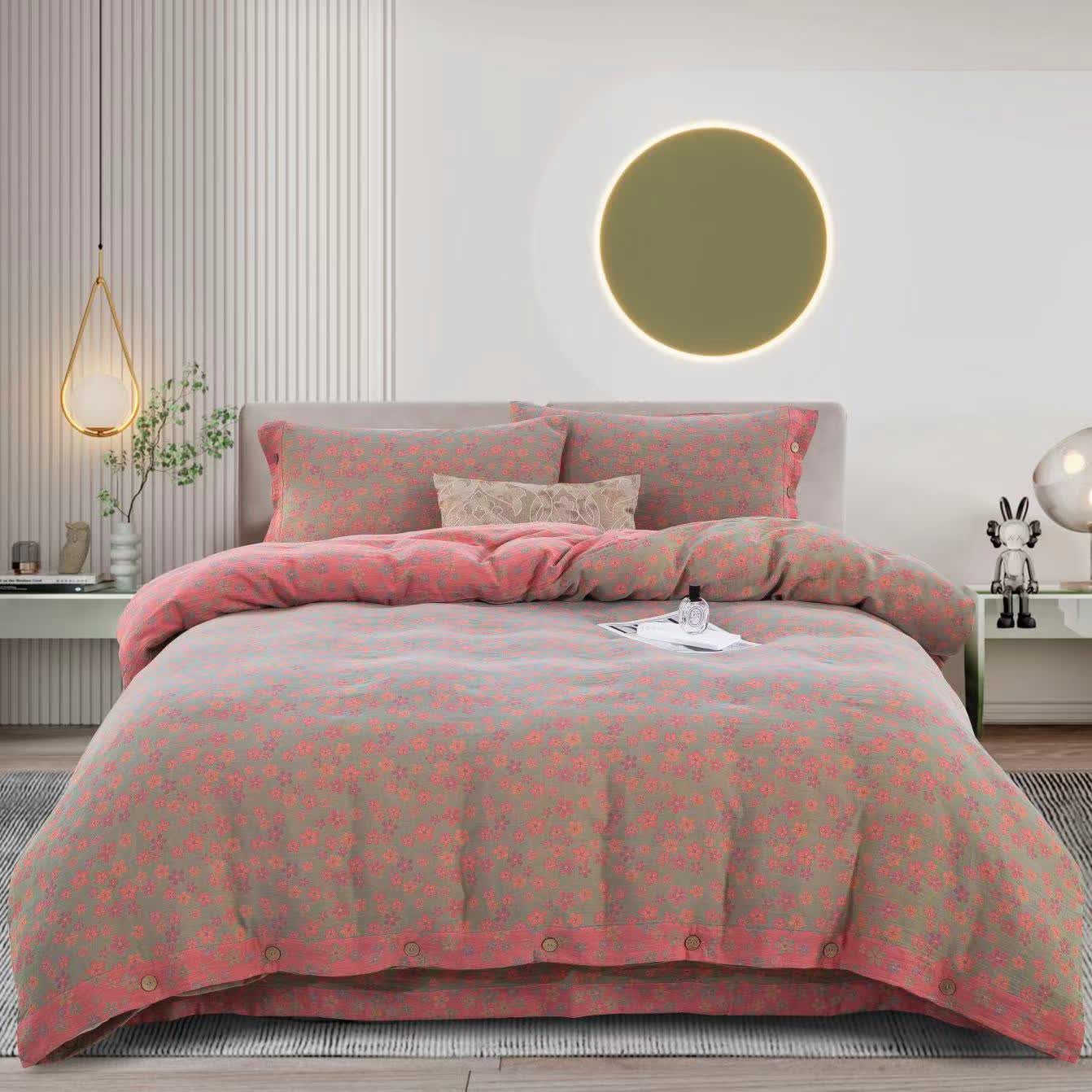 Parure de lit en gaze de coton avec boutons fleuris (4 pièces)