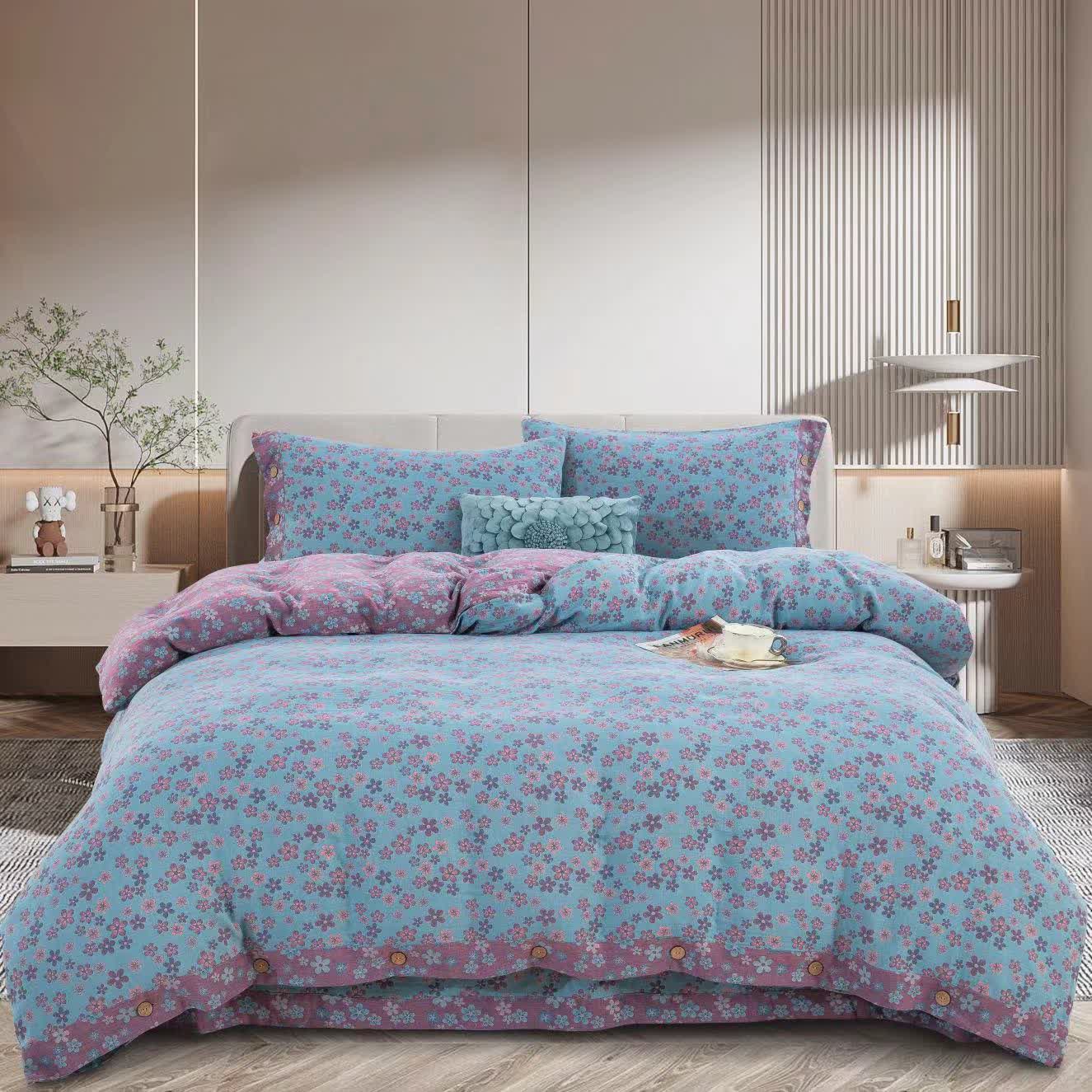 Parure de lit en gaze de coton avec boutons fleuris (4 pièces)