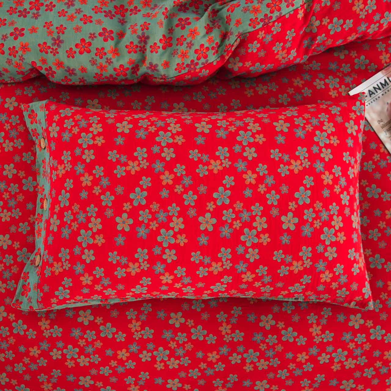 Parure de lit en gaze de coton avec boutons fleuris (4 pièces)