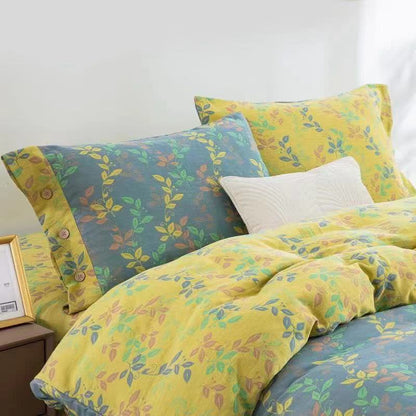 Parure de lit 4 pièces en coton à boutons et motif feuilles rafraîchissantes
