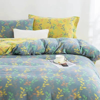 Parure de lit 4 pièces en coton à boutons et motif feuilles rafraîchissantes