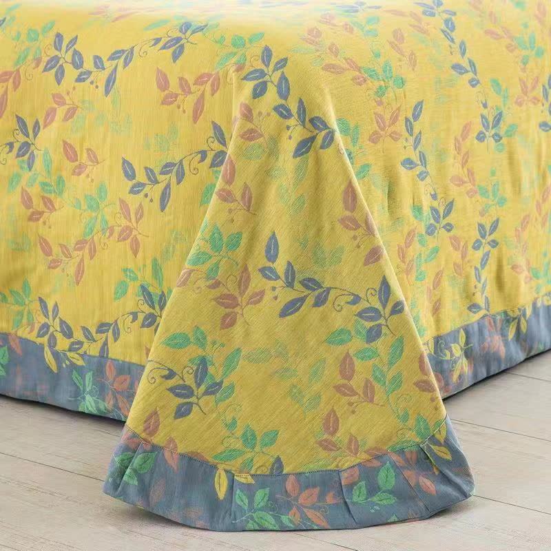 Parure de lit 4 pièces en coton à boutons et motif feuilles rafraîchissantes