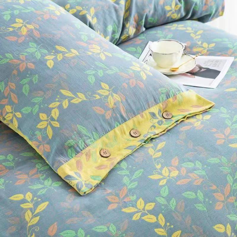 Parure de lit 4 pièces en coton à boutons et motif feuilles rafraîchissantes