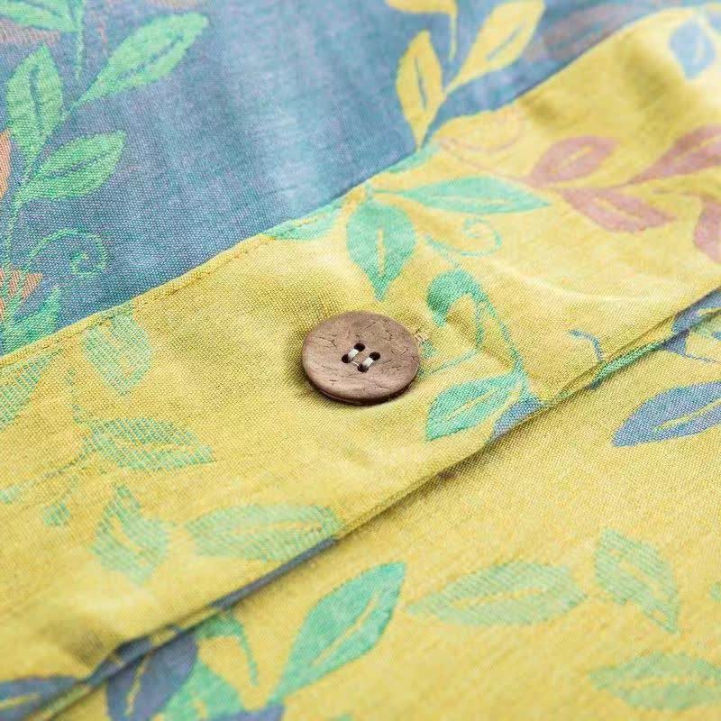 Parure de lit 4 pièces en coton à boutons et motif feuilles rafraîchissantes