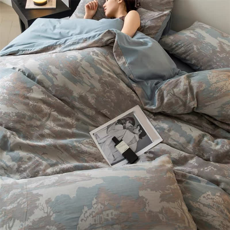Parure de lit en gaze de coton style forêt rétro (4 pièces)