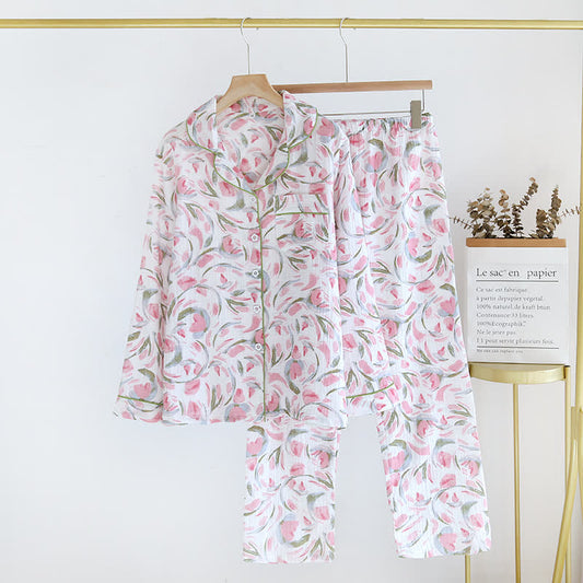 Ensemble pyjama en gaze de coton à motif floral et motif tulipe