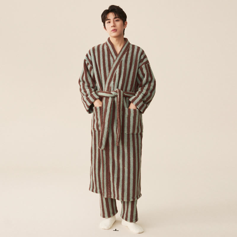 Peignoir long d'hiver en polaire à rayures modernes - Peignoir avec pantalon - Vert menthe et marron - XXL pour hommes - image 5