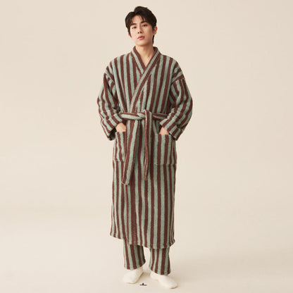 Peignoir long d'hiver en polaire à rayures modernes - Peignoir avec pantalon - Vert menthe et marron - XXL pour hommes - image 5