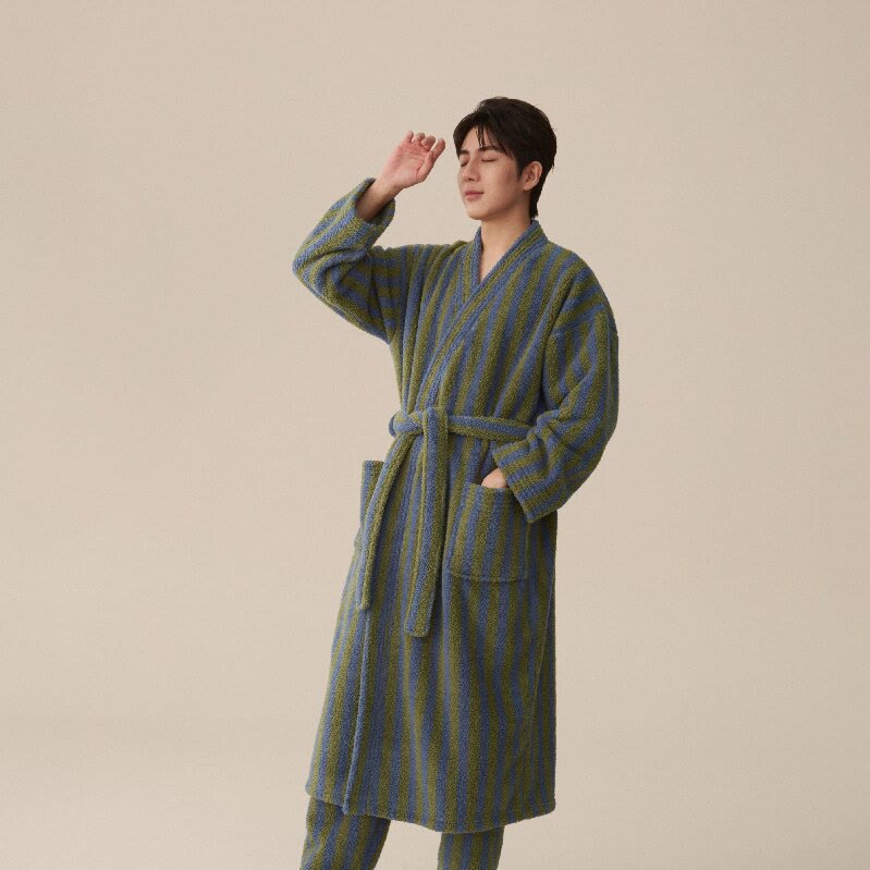 Peignoir long d'hiver en polaire à rayures modernes - Peignoir avec pantalon - vert foncé - XXL pour hommes - image 2