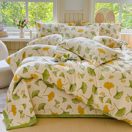 Parure de lit en velours à motif feuilles de ginkgo rustique (4 pièces)