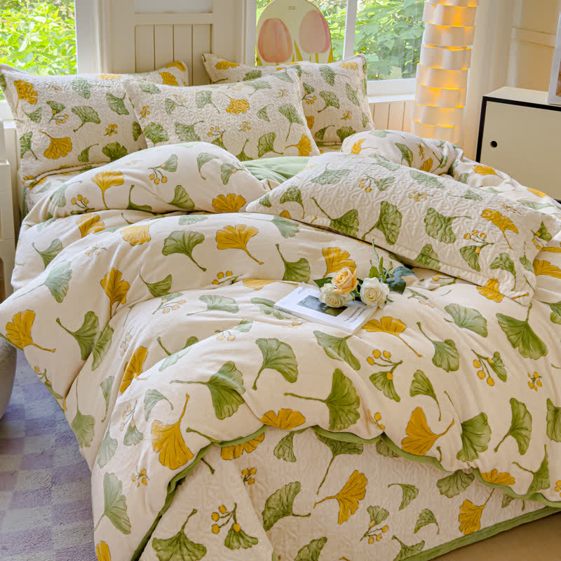Parure de lit en velours à motif feuilles de ginkgo rustique (4 pièces)