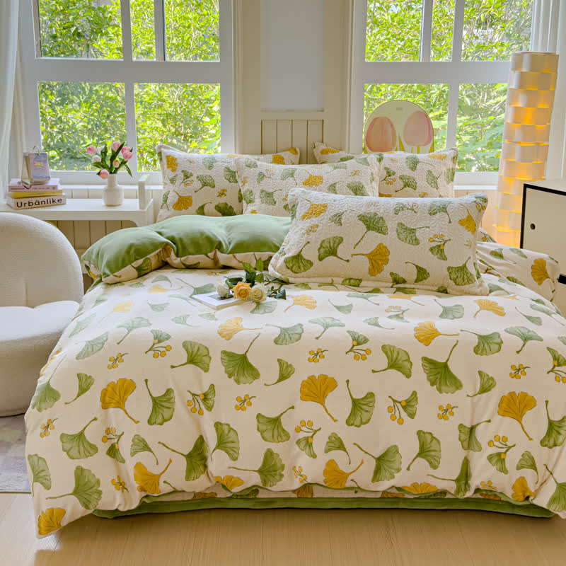 Parure de lit en velours à motif feuilles de ginkgo rustique (4 pièces)