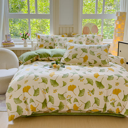 Parure de lit en velours à motif feuilles de ginkgo rustique (4 pièces)