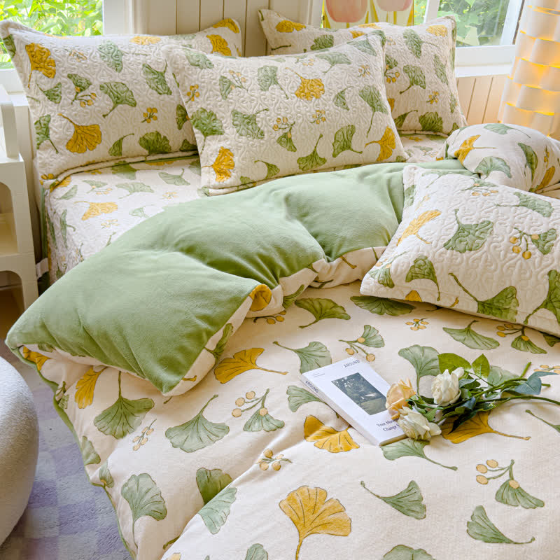 Parure de lit en velours à motif feuilles de ginkgo rustique (4 pièces)