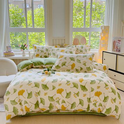 Parure de lit en velours à motif feuilles de ginkgo rustique (4 pièces)