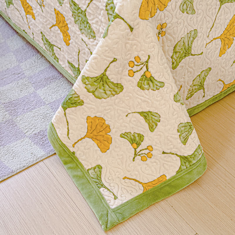 Parure de lit en velours à motif feuilles de ginkgo rustique (4 pièces)