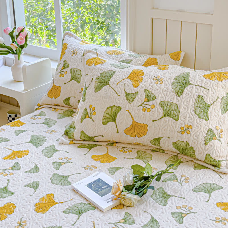 Parure de lit en velours à motif feuilles de ginkgo rustique (4 pièces)