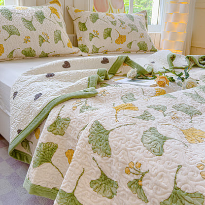 Parure de lit en velours à motif feuilles de ginkgo rustique (4 pièces)