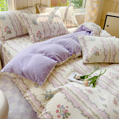Parure de lit hivernale et douce avec motif pastoral en velours (4 pièces)
