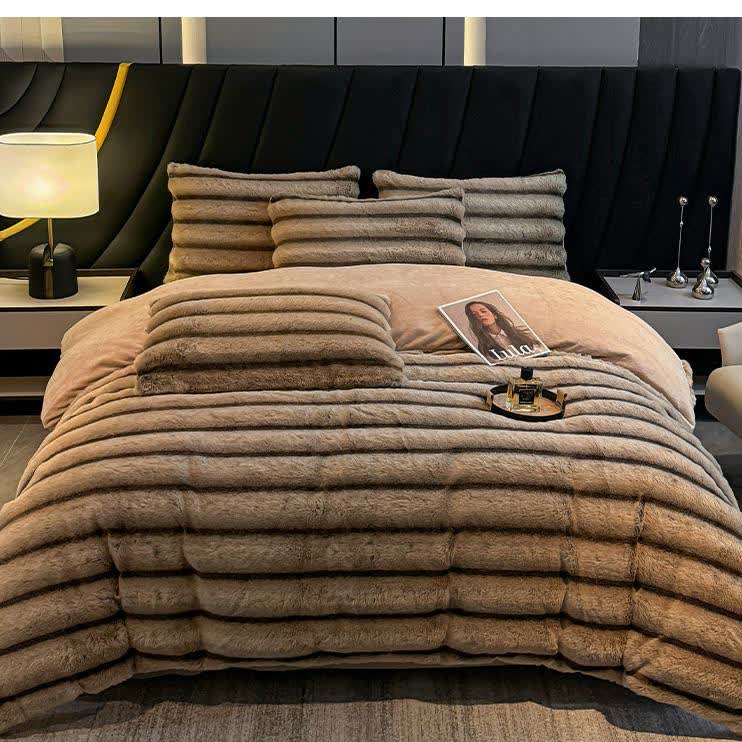 Ensemble de literie luxueux en polaire pelucheuse vintage (4 pièces) - Café - 220 cm x 240 cm - image 4