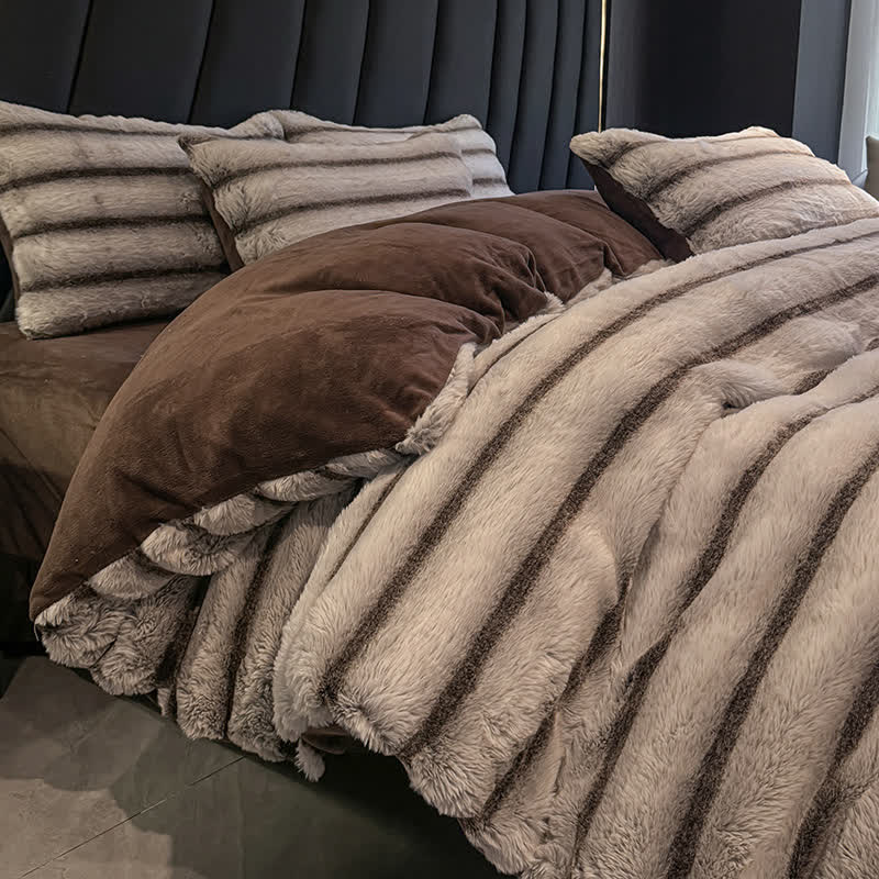 Ensemble de literie luxueux en polaire pelucheuse vintage (4 pièces) - Brun - 220 cm x 240 cm - image 26