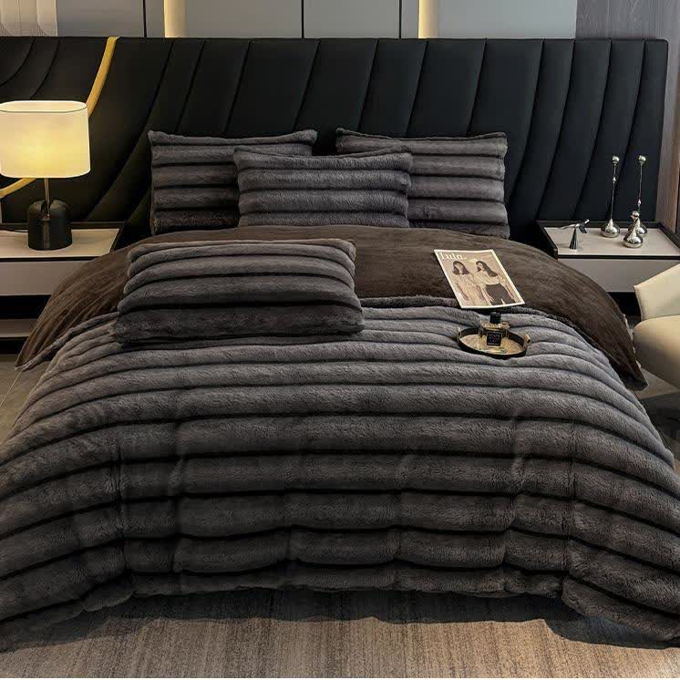 Ensemble de literie luxueux en polaire pelucheuse vintage (4 pièces) - Noir - 220 cm x 240 cm - image 12